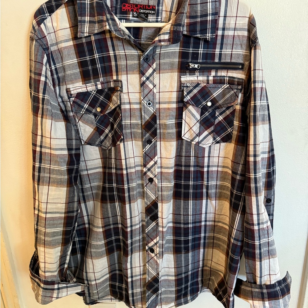 Men's Casual Plaid Distortion Button-Down Shirt - Blue, Black, Gray, and White